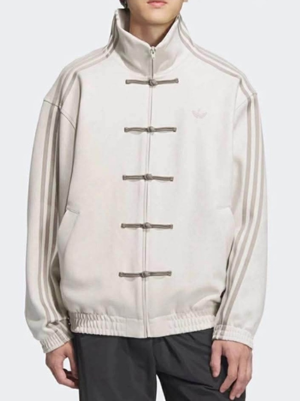 CNY Adidas White Track Bomber Jacket with Gray Stripes